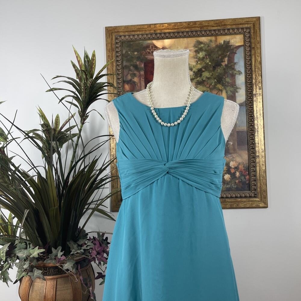 Teal Chiffon Sleeveless Midi Dress Pleated Twist Front Open Back Women’s 12 - Picture 2 of 9